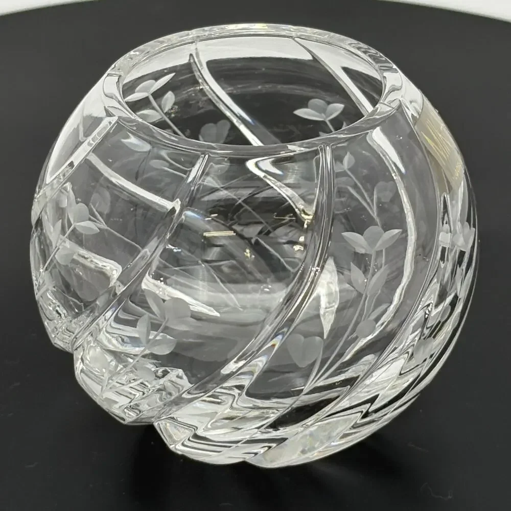 Vintage Mikasa Crystal Rose Bowl Etched Floral Swirl Vase Yugoslavia
